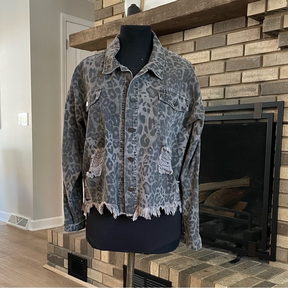 Vintage Havana Cheetah Distressed Denim Jacket w/ Red Stripe on sleeve - Small